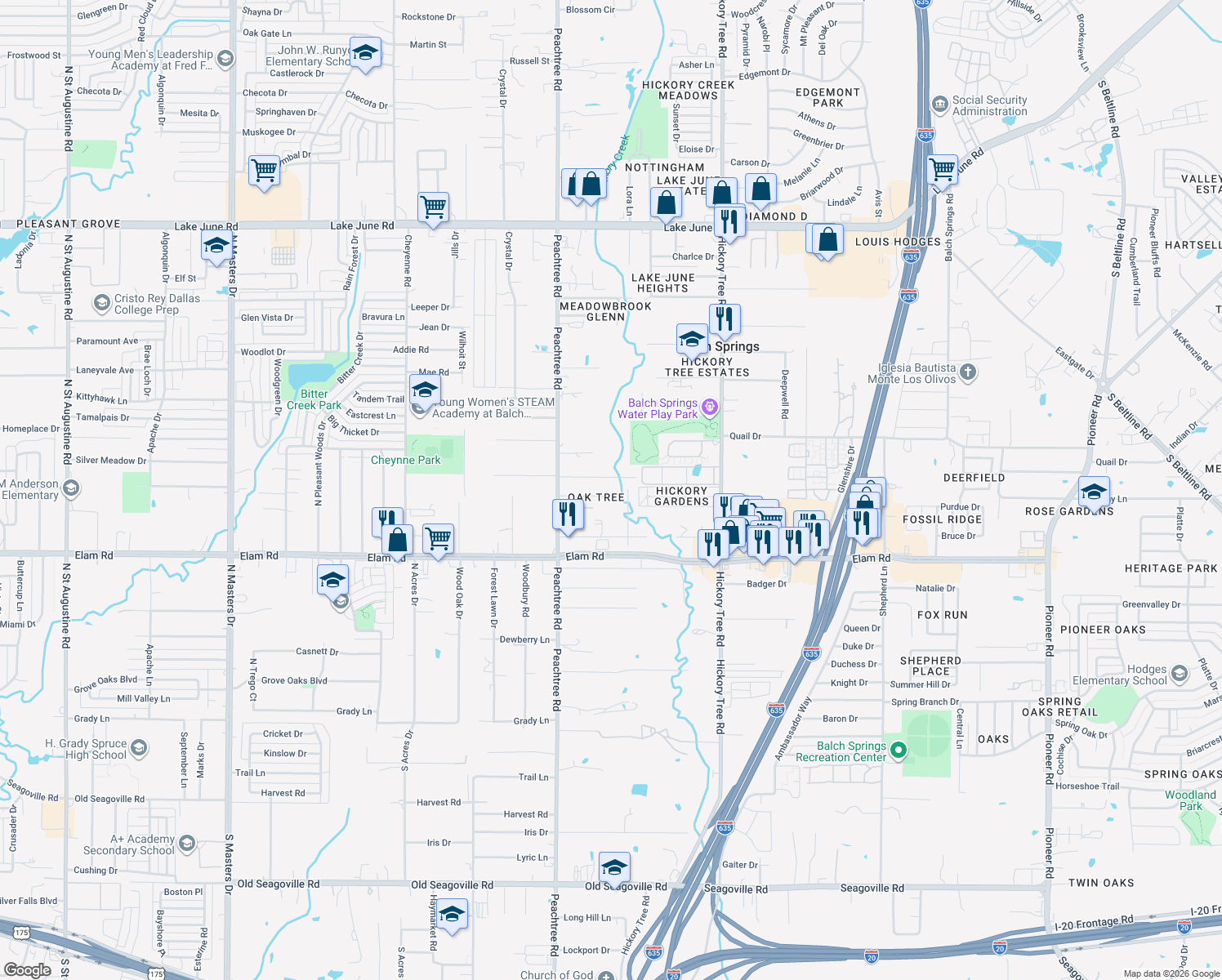 map of restaurants, bars, coffee shops, grocery stores, and more near 11517 Oak Tree Road in Balch Springs