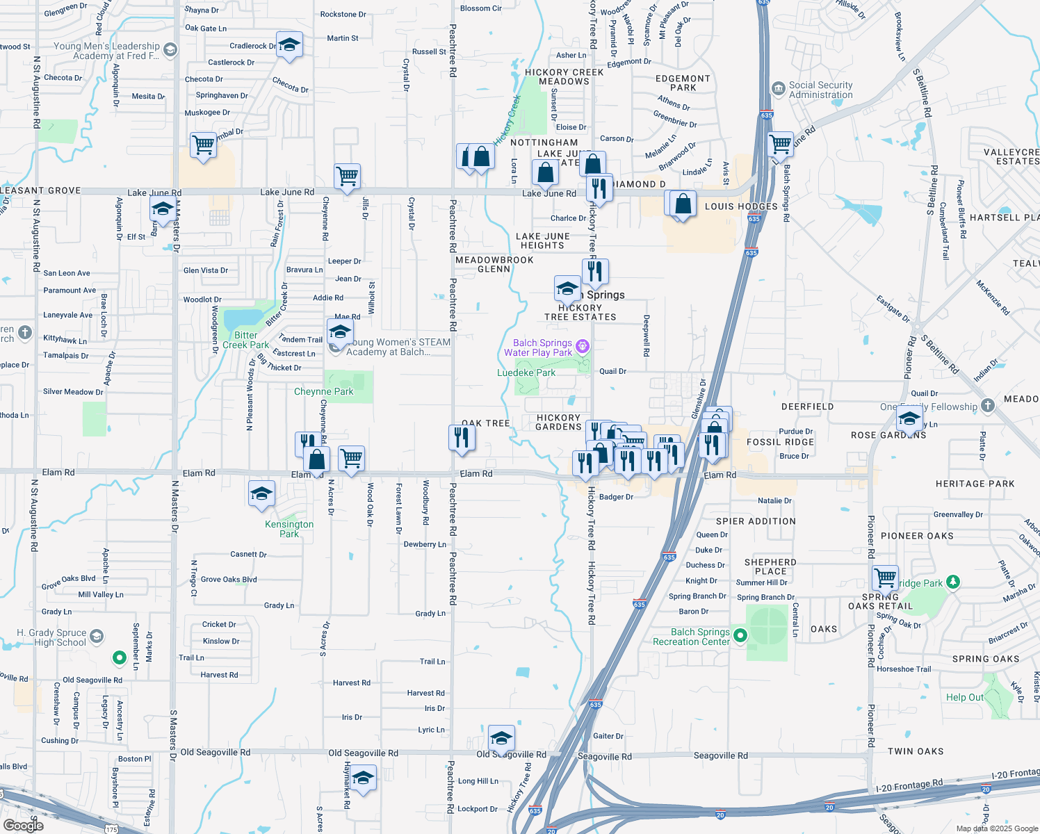 map of restaurants, bars, coffee shops, grocery stores, and more near 11609 Oak Tree Road in Balch Springs