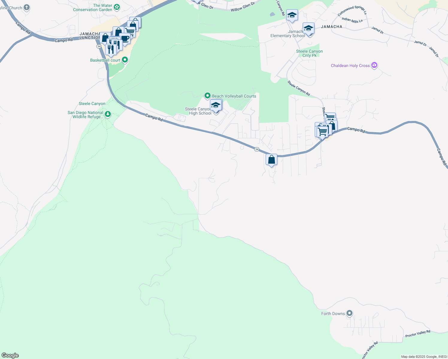 map of restaurants, bars, coffee shops, grocery stores, and more near 3041 Millar Ranch Road in Spring Valley