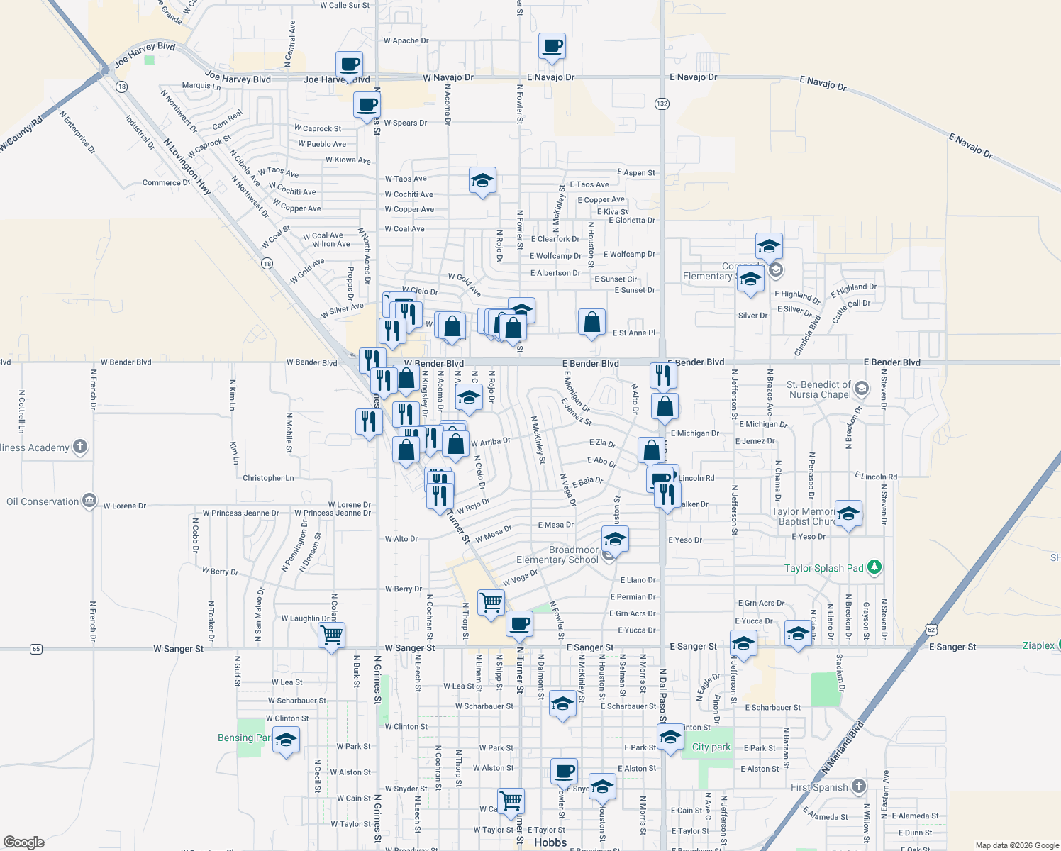 map of restaurants, bars, coffee shops, grocery stores, and more near 2009 N McKinley St in Hobbs
