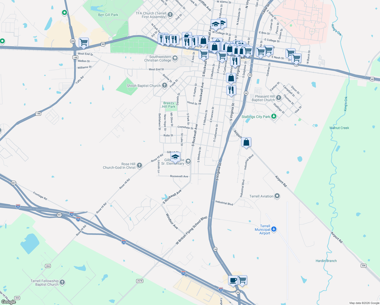 map of restaurants, bars, coffee shops, grocery stores, and more near 1316 South Rockwall Street in Terrell