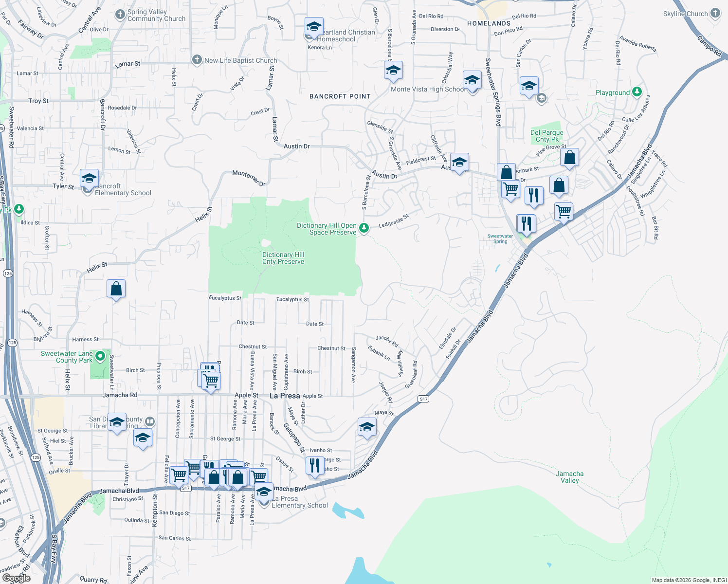 map of restaurants, bars, coffee shops, grocery stores, and more near 3037 Pointe Pkwy in Spring Valley