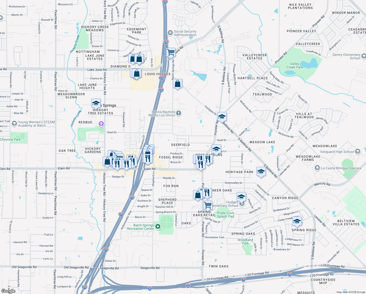 map of restaurants, bars, coffee shops, grocery stores, and more near 12817 Dove Field Ln in Balch Springs
