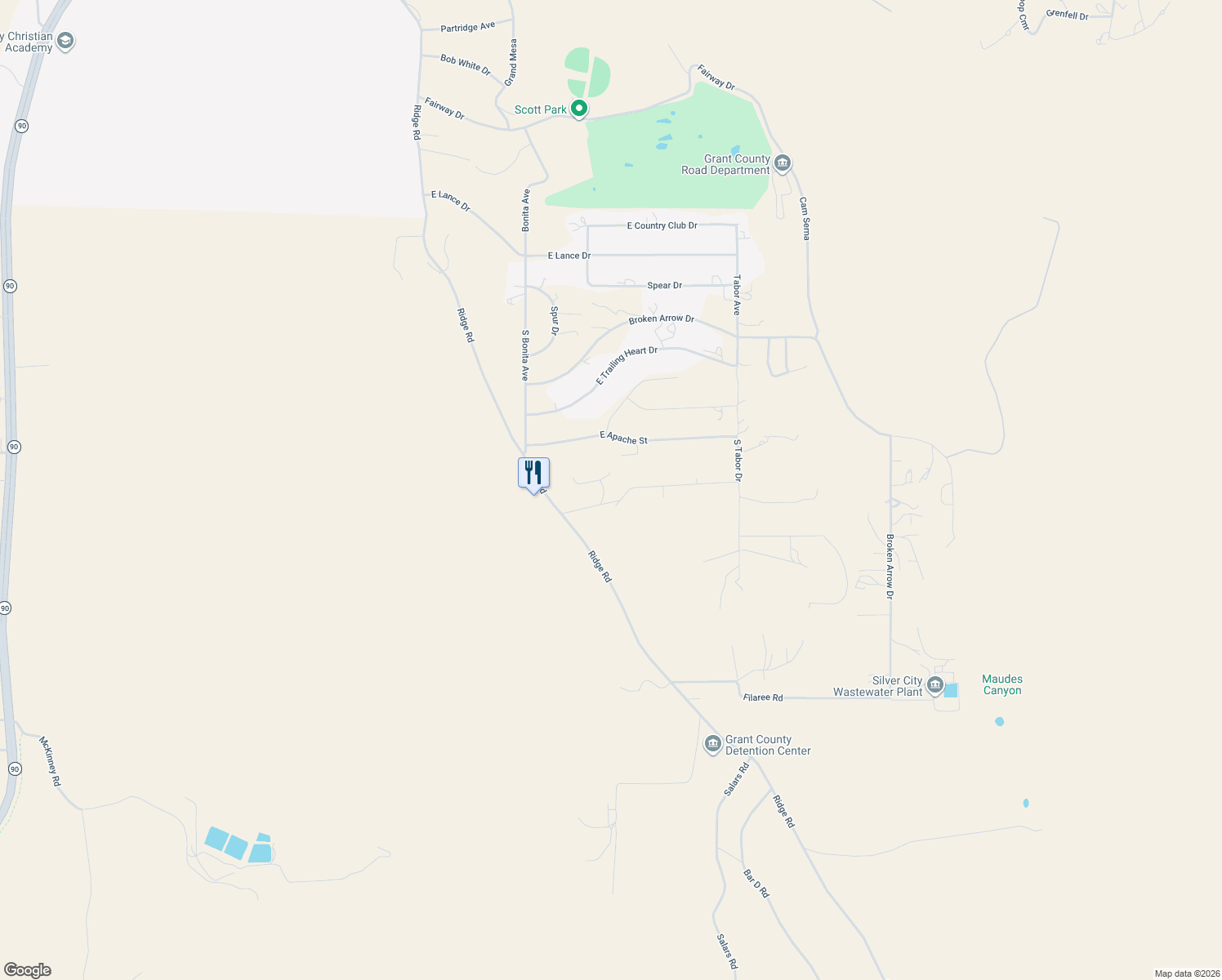 map of restaurants, bars, coffee shops, grocery stores, and more near 255 Ridge Road in Silver City