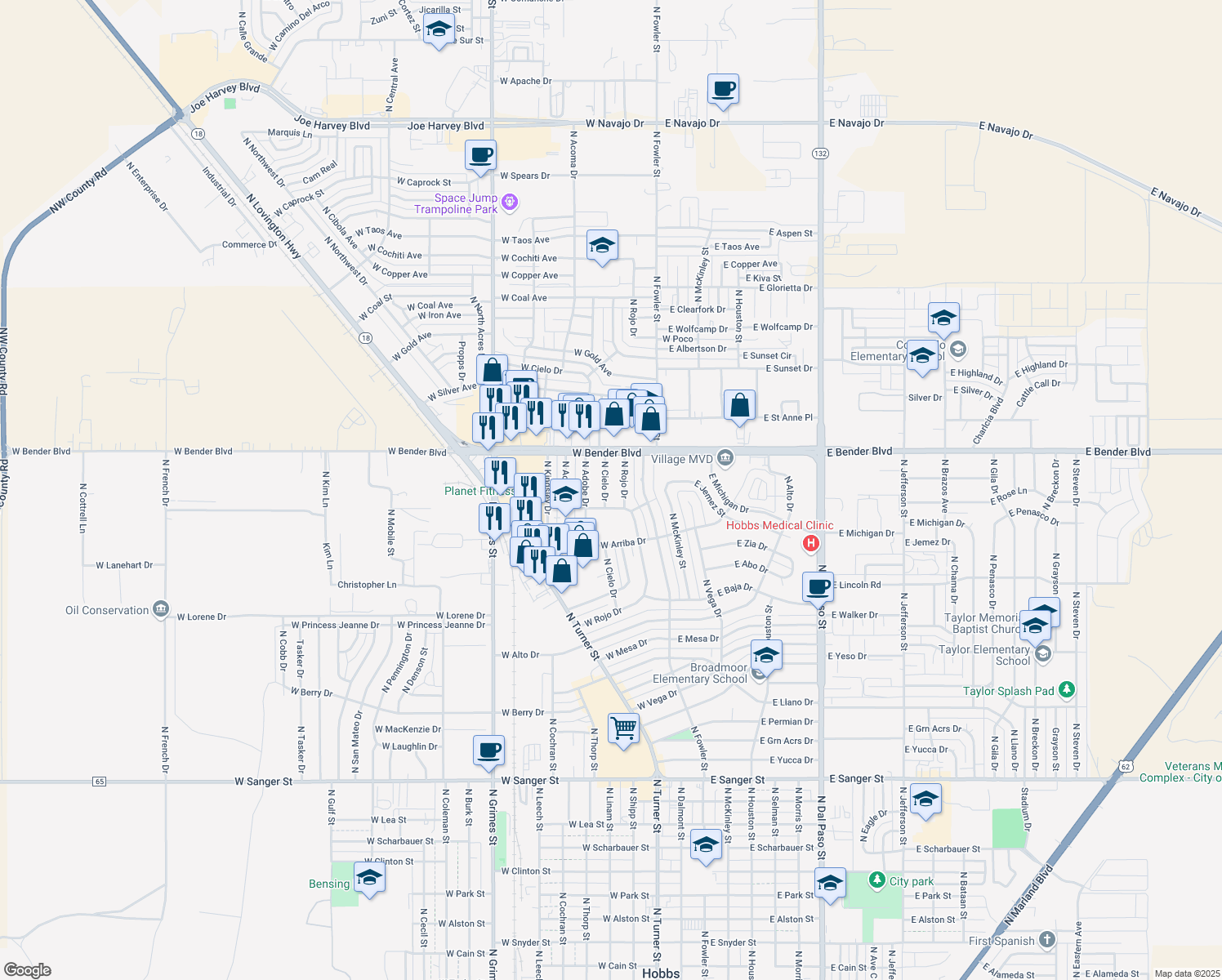 map of restaurants, bars, coffee shops, grocery stores, and more near 2120 North Cielo Drive in Hobbs