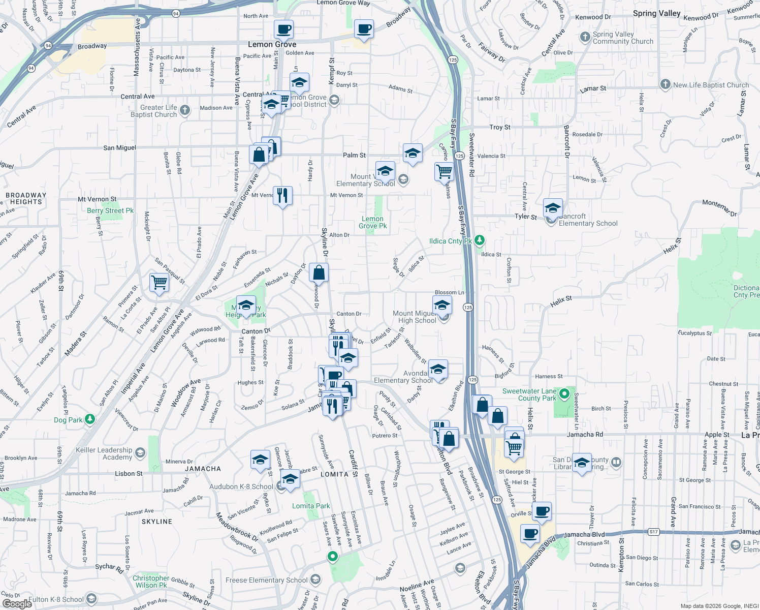 map of restaurants, bars, coffee shops, grocery stores, and more near 1650 Walbollen Street in Spring Valley