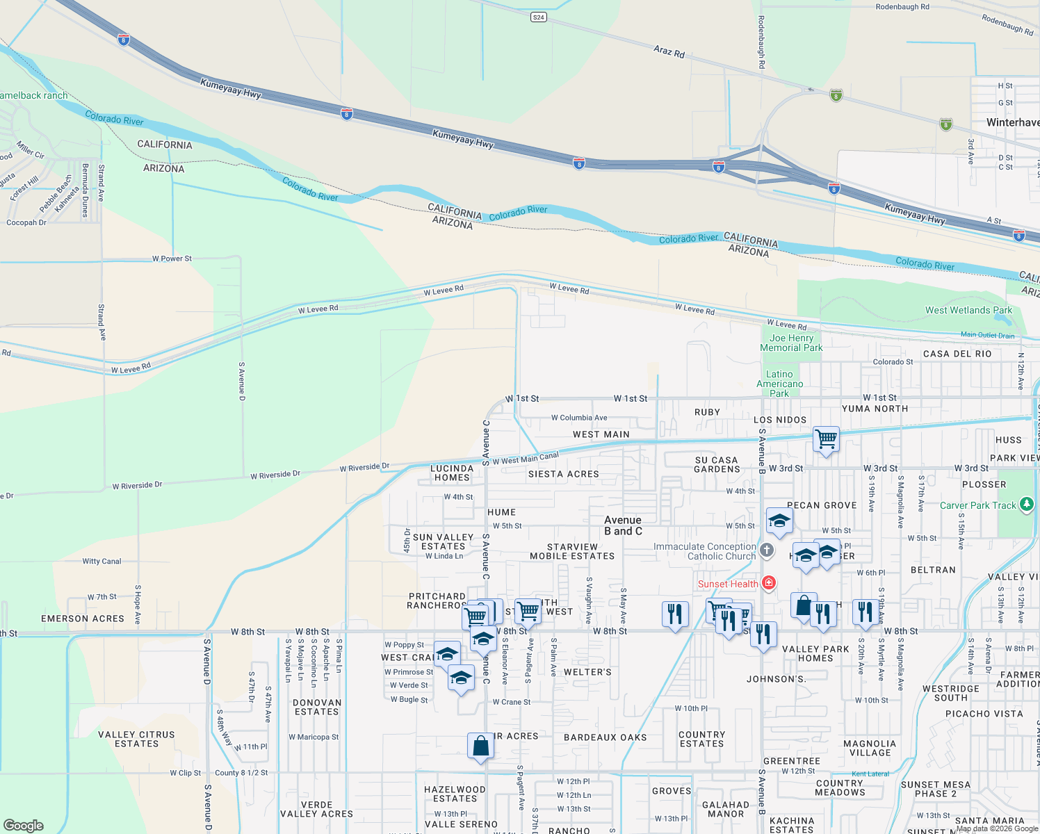 map of restaurants, bars, coffee shops, grocery stores, and more near 3499 W Columbia Ave in Yuma