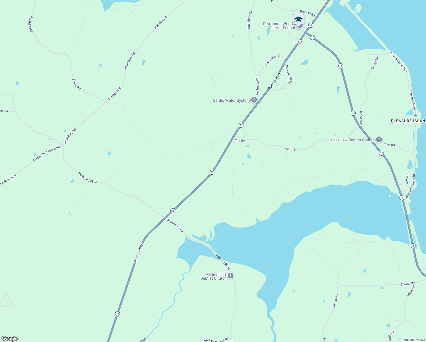 map of restaurants, bars, coffee shops, grocery stores, and more near Ruston Highway in Farmerville