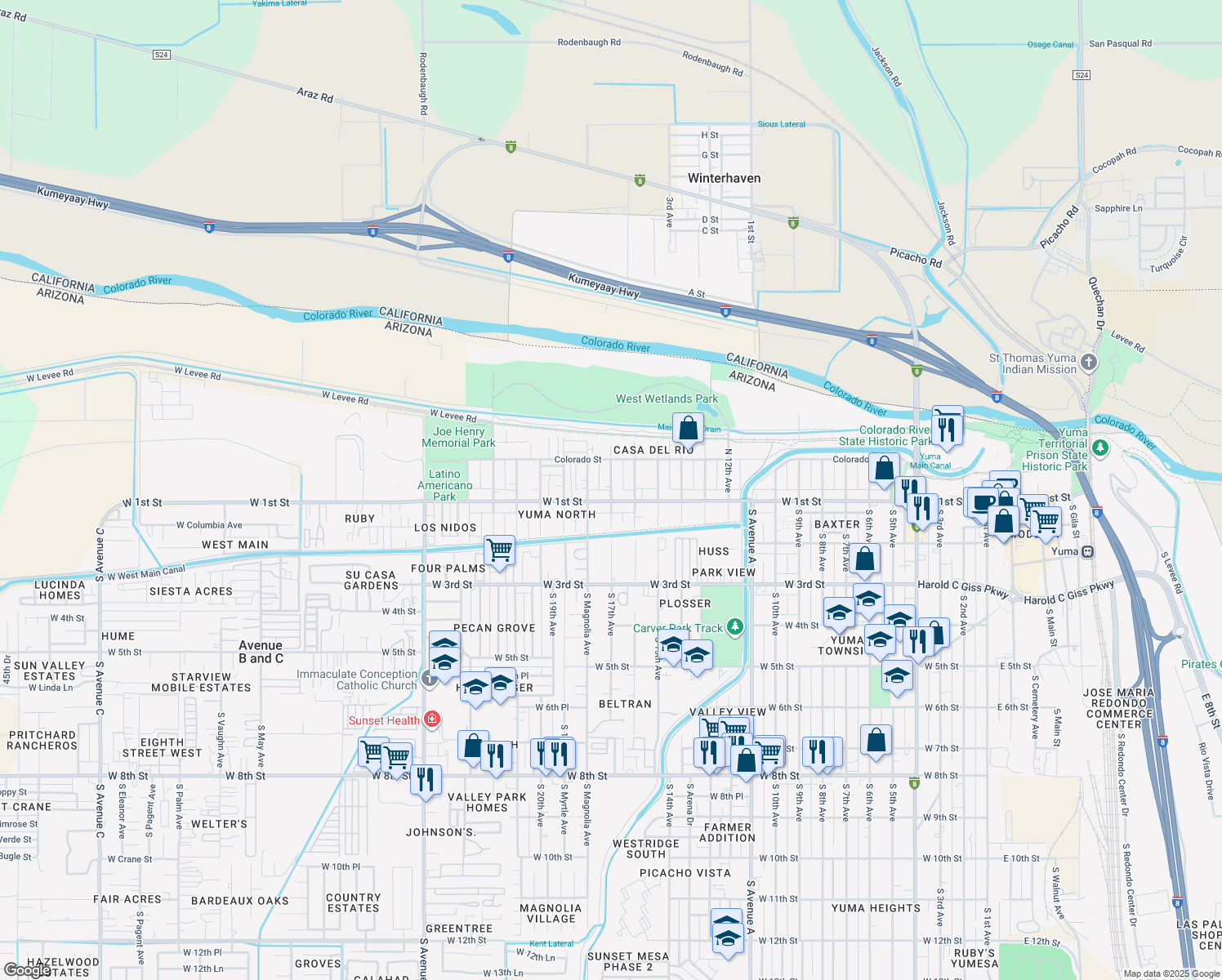 map of restaurants, bars, coffee shops, grocery stores, and more near 125 North 17th Avenue in Yuma