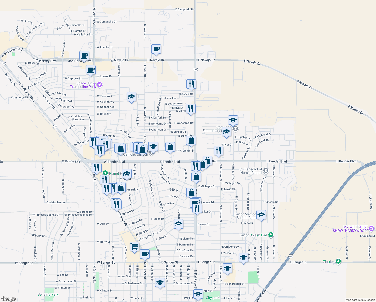 map of restaurants, bars, coffee shops, grocery stores, and more near 573 E Street Anne Place in Hobbs