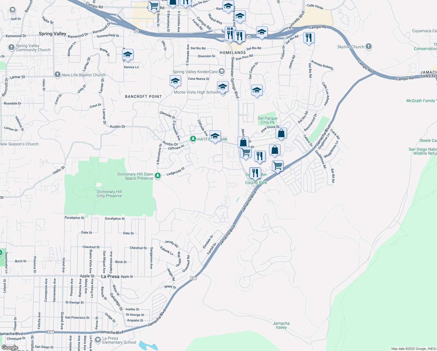 map of restaurants, bars, coffee shops, grocery stores, and more near 2010 Springs of Life Court in Spring Valley