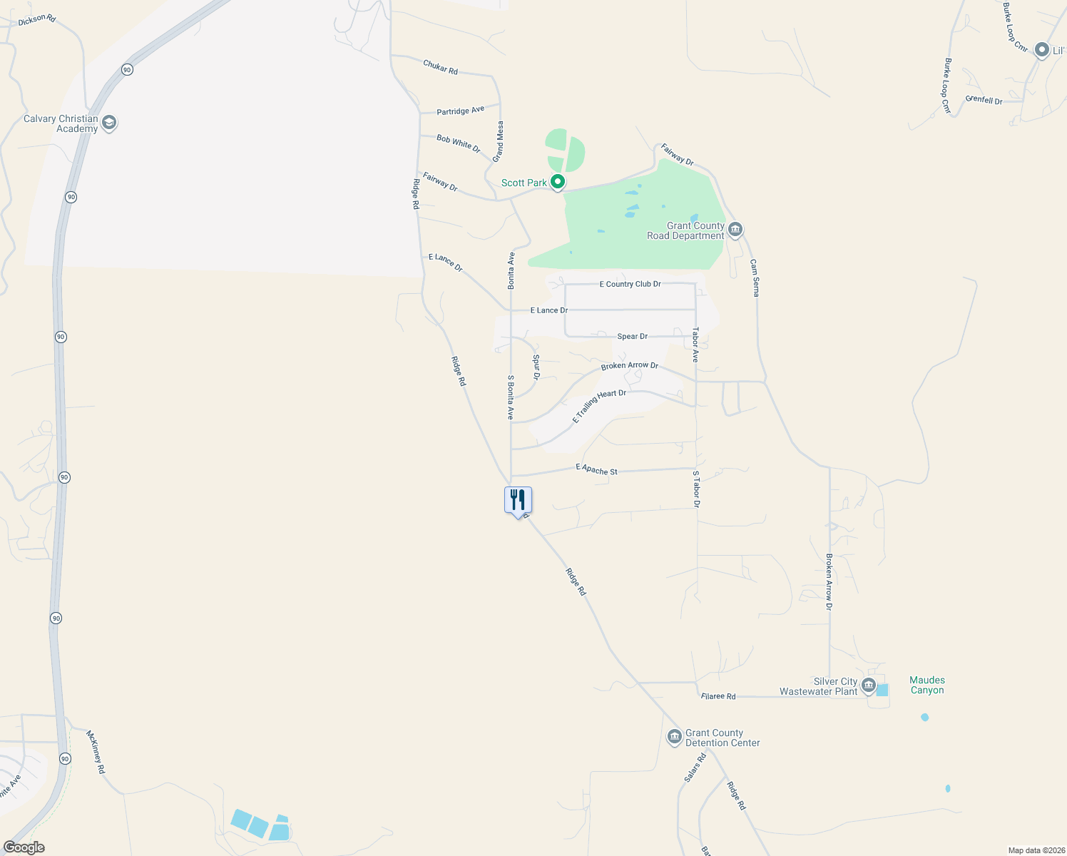 map of restaurants, bars, coffee shops, grocery stores, and more near 511 Broken Arrow Drive in Silver City