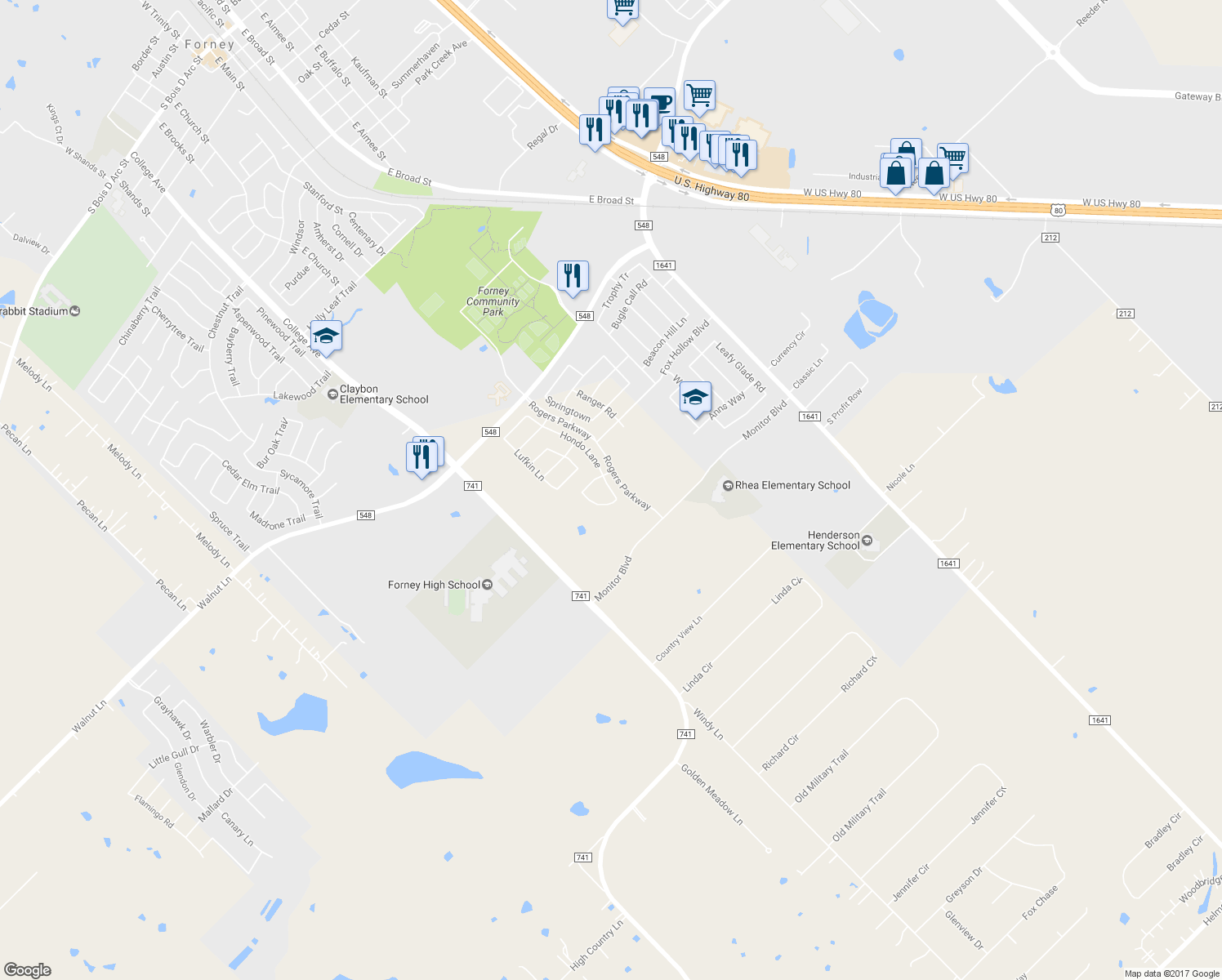 map of restaurants, bars, coffee shops, grocery stores, and more near 1117 Hondo Lane in Forney