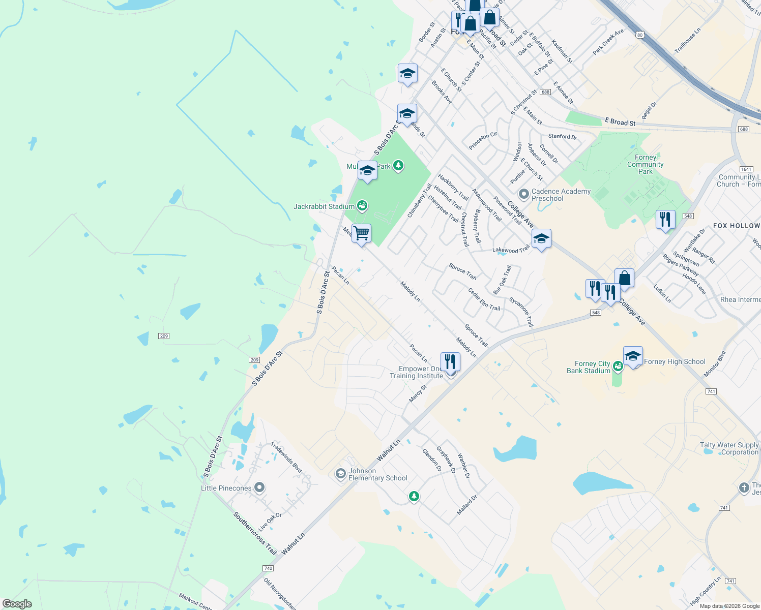 map of restaurants, bars, coffee shops, grocery stores, and more near 14325 Pecan Lane in Forney