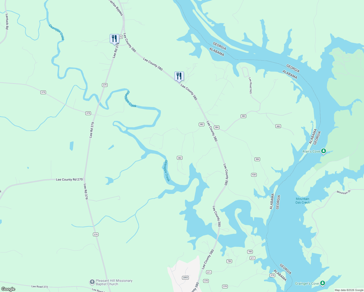 map of restaurants, bars, coffee shops, grocery stores, and more near 537 County Road 382 in Valley