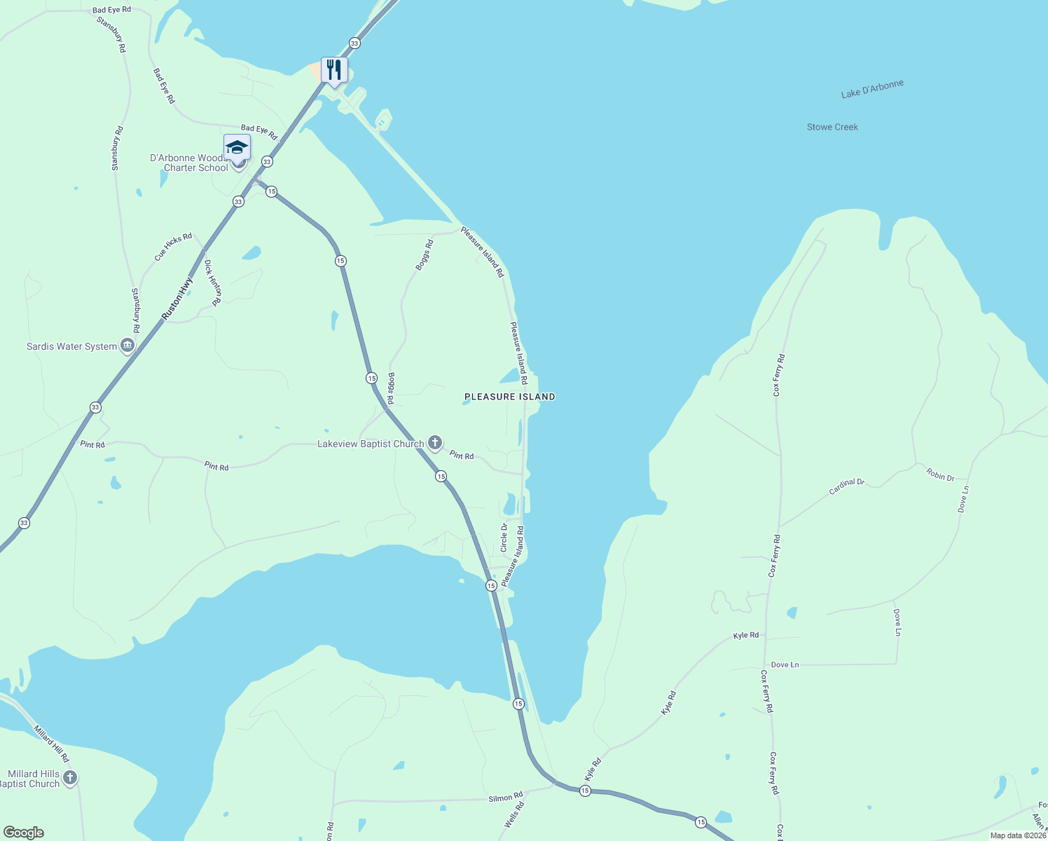 map of restaurants, bars, coffee shops, grocery stores, and more near 224 Pleasure Island Road in Farmerville