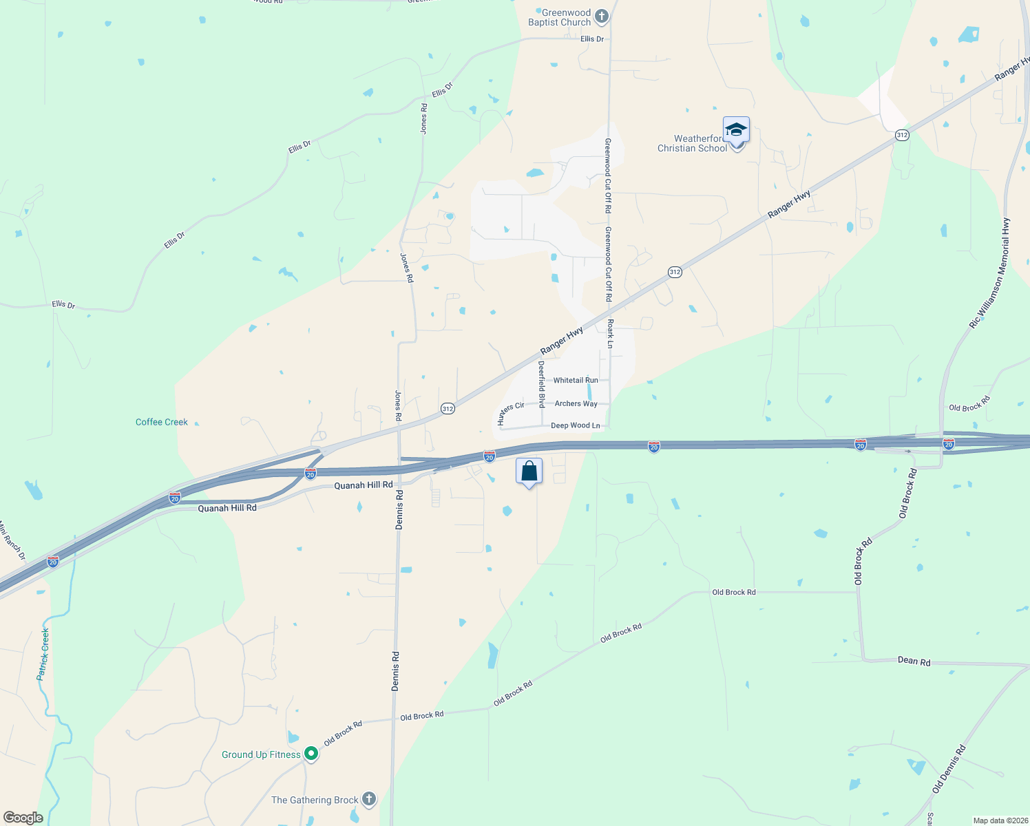 map of restaurants, bars, coffee shops, grocery stores, and more near 109 Hunters Cir in Weatherford