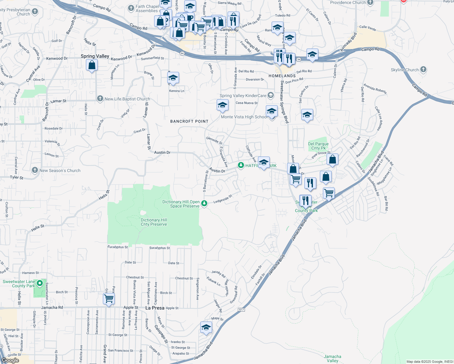 map of restaurants, bars, coffee shops, grocery stores, and more near 2304 Meadowridge Place in Spring Valley