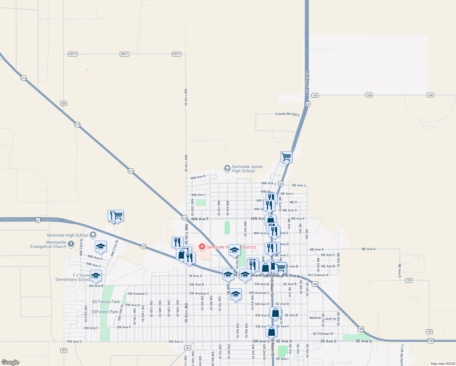map of restaurants, bars, coffee shops, grocery stores, and more near 599 NW Ave J in Seminole