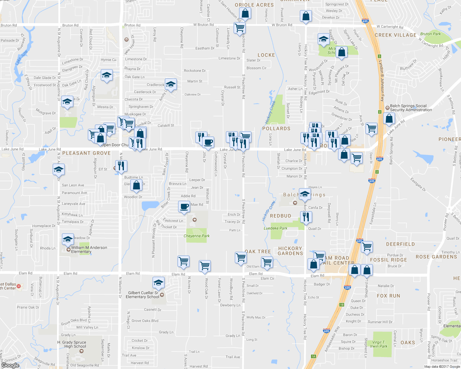 map of restaurants, bars, coffee shops, grocery stores, and more near 2812 Crystal Dr in Balch Springs
