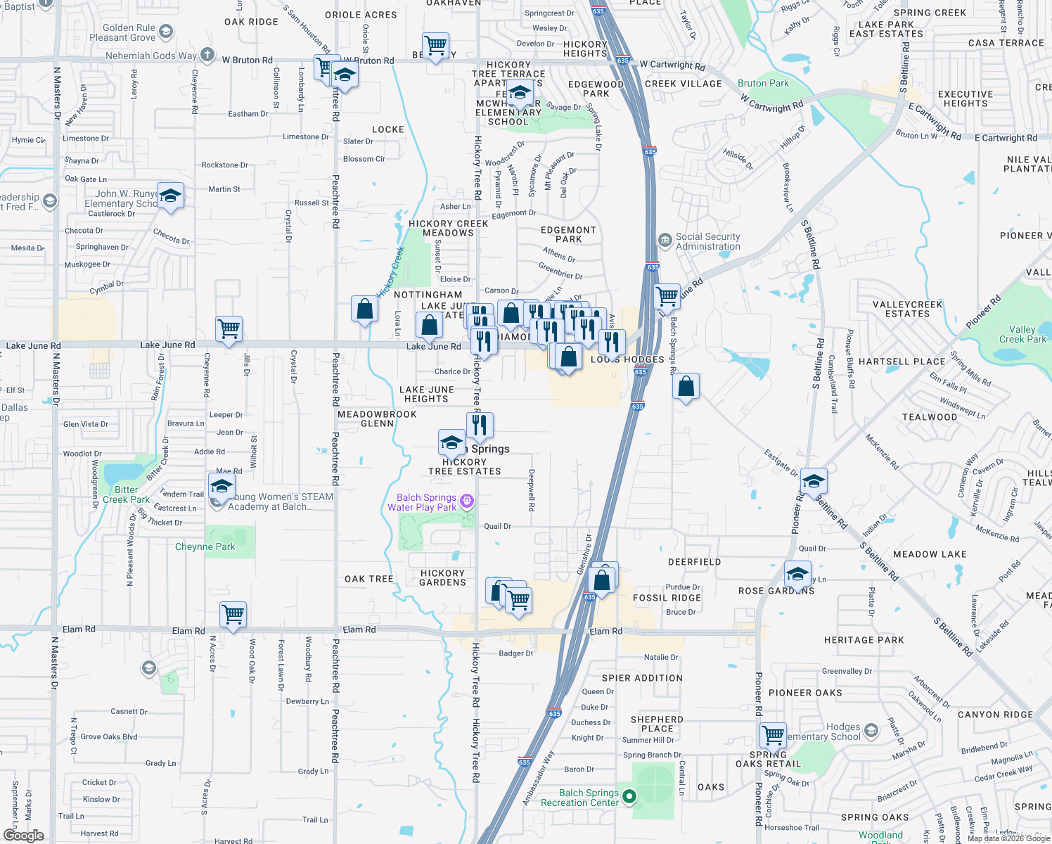 map of restaurants, bars, coffee shops, grocery stores, and more near 12025 Hayes Lane in Balch Springs
