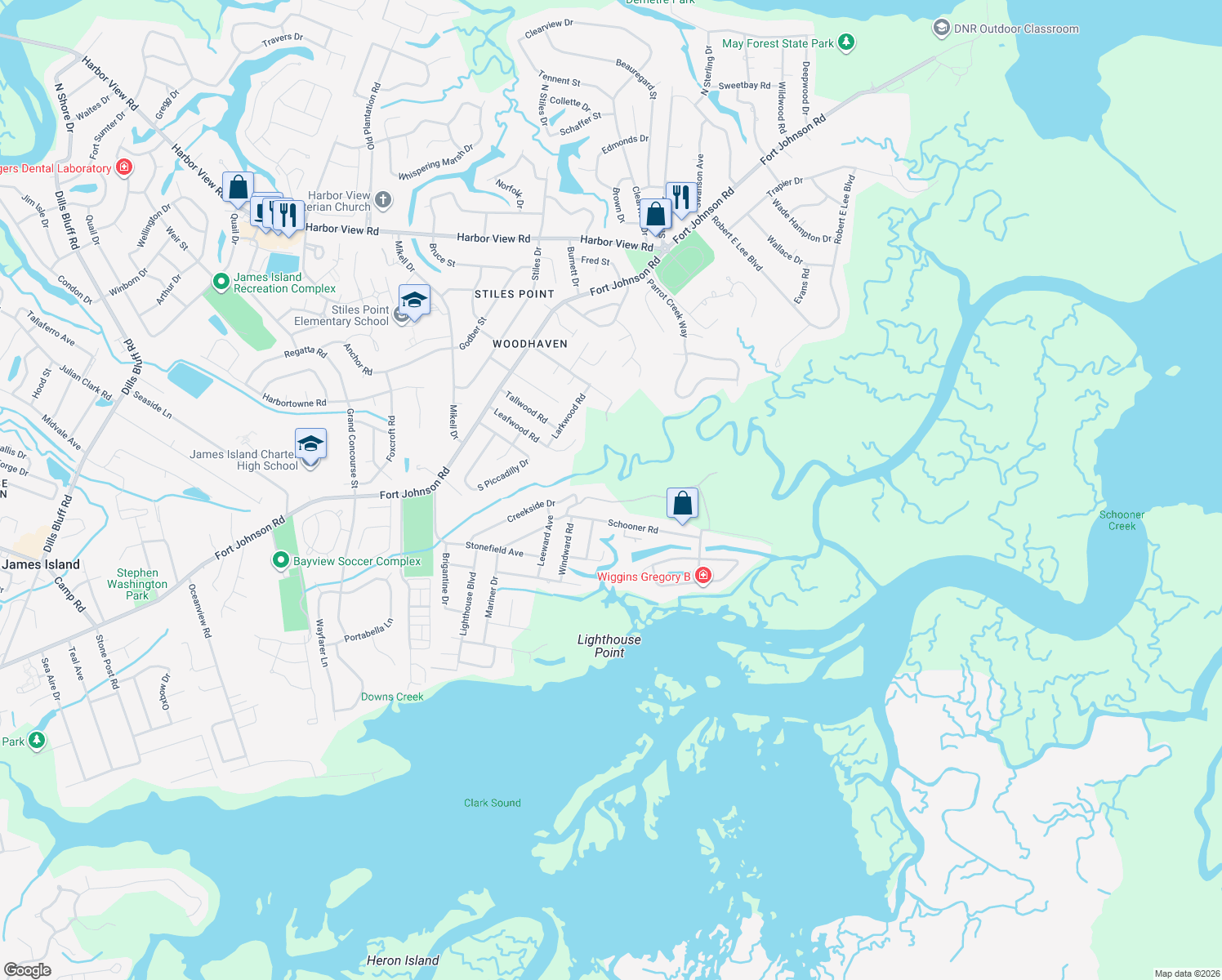 map of restaurants, bars, coffee shops, grocery stores, and more near 530 Parrot Point Dr in Charleston
