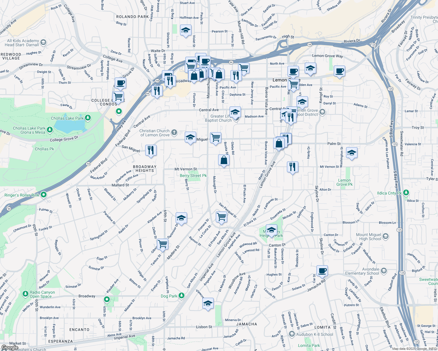 map of restaurants, bars, coffee shops, grocery stores, and more near 2363 Mcknight Drive in Lemon Grove