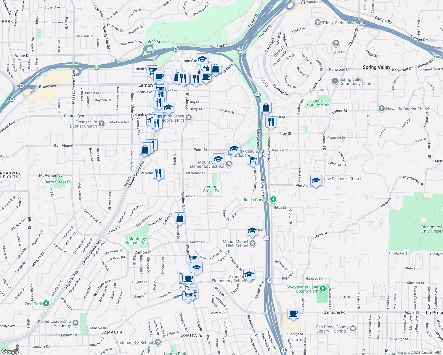 map of restaurants, bars, coffee shops, grocery stores, and more near 8321 Mount Vernon Street in Lemon Grove
