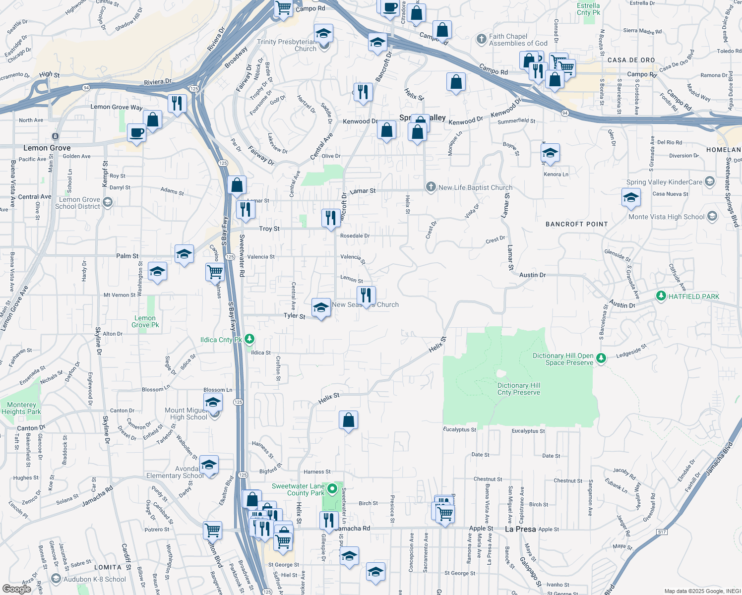 map of restaurants, bars, coffee shops, grocery stores, and more near 9188 Valencia Street in Spring Valley