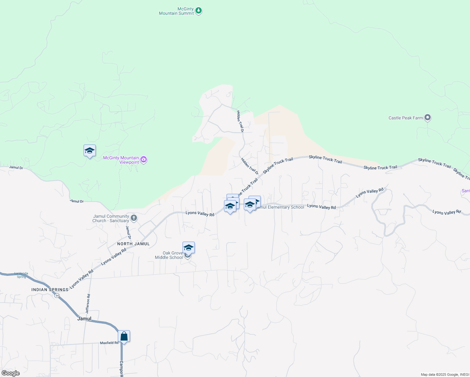 map of restaurants, bars, coffee shops, grocery stores, and more near 14550 Skyline Truck Trail in Jamul