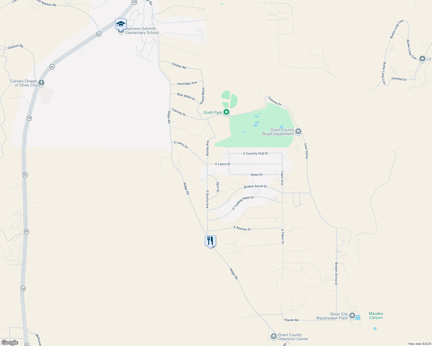 map of restaurants, bars, coffee shops, grocery stores, and more near 511 East Lance Drive in Silver City