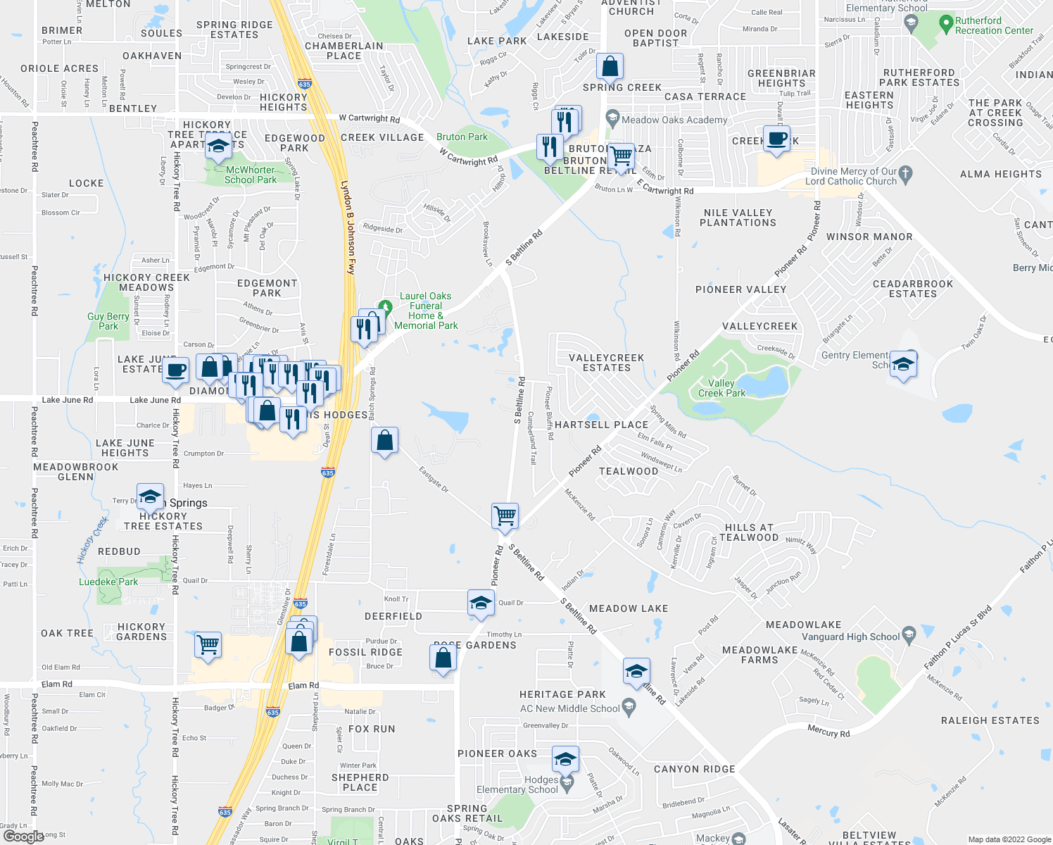 map of restaurants, bars, coffee shops, grocery stores, and more near 2557 Pioneer Bluffs Road in Balch Springs