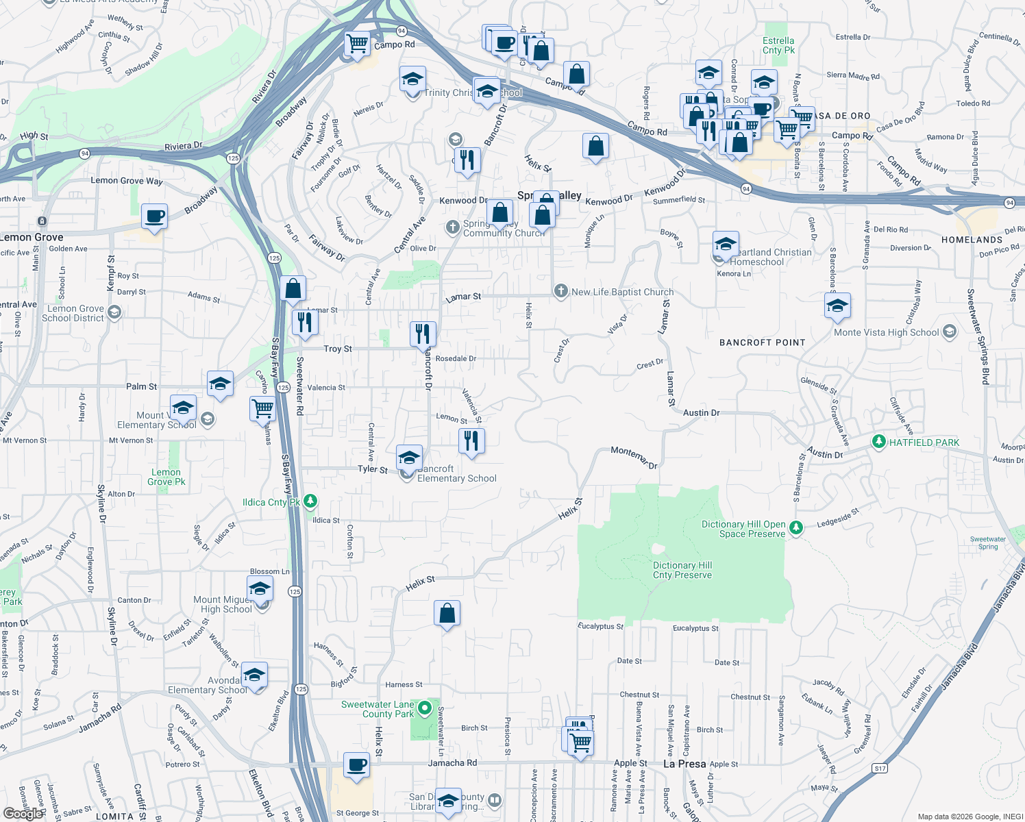 map of restaurants, bars, coffee shops, grocery stores, and more near 2740 Helix Street in Spring Valley