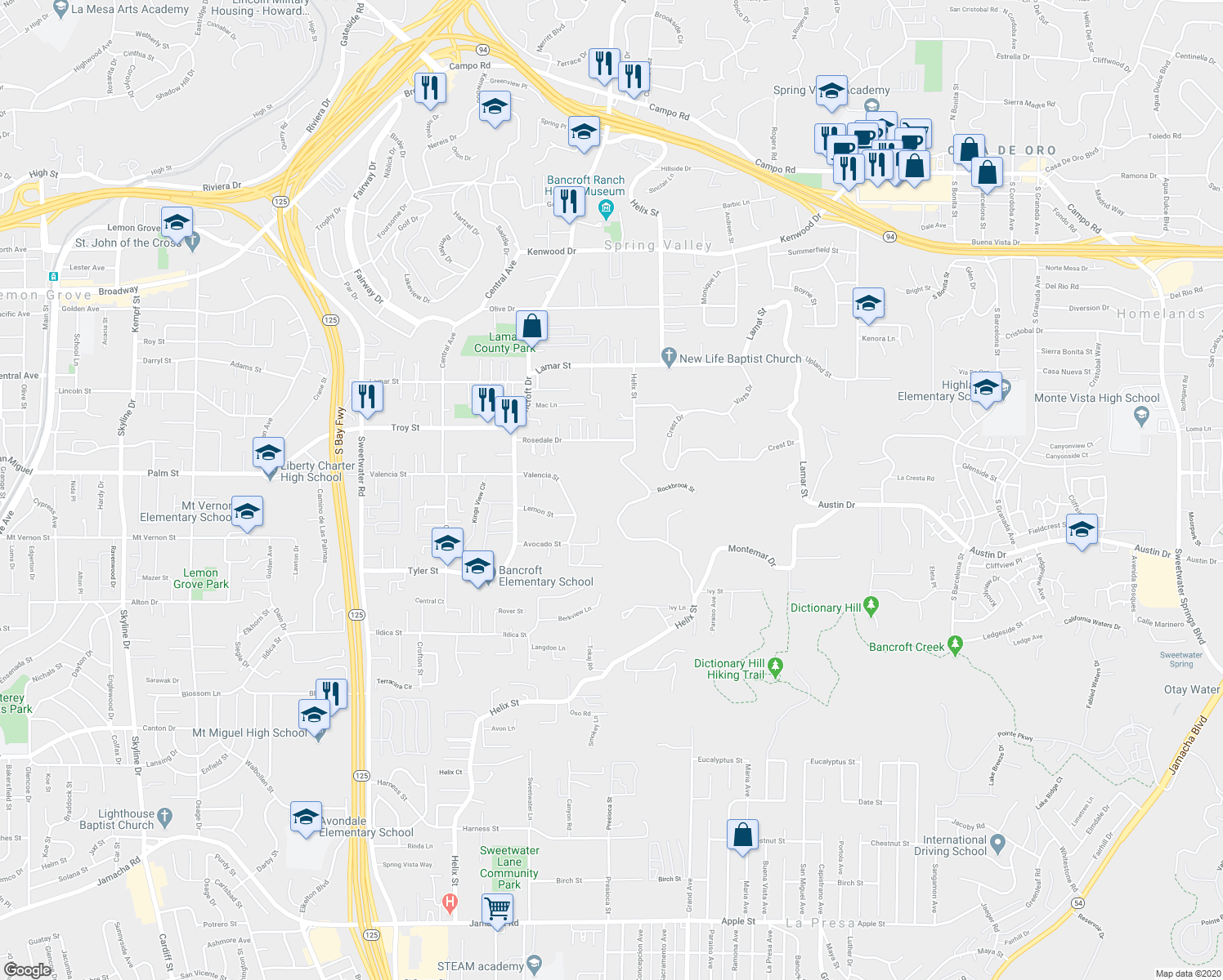 map of restaurants, bars, coffee shops, grocery stores, and more near 2814 Helix Street in Spring Valley