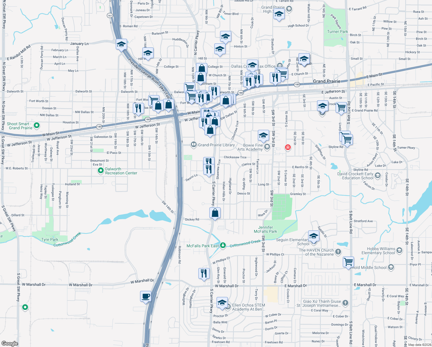 map of restaurants, bars, coffee shops, grocery stores, and more near 926 Shawnee Trce in Grand Prairie