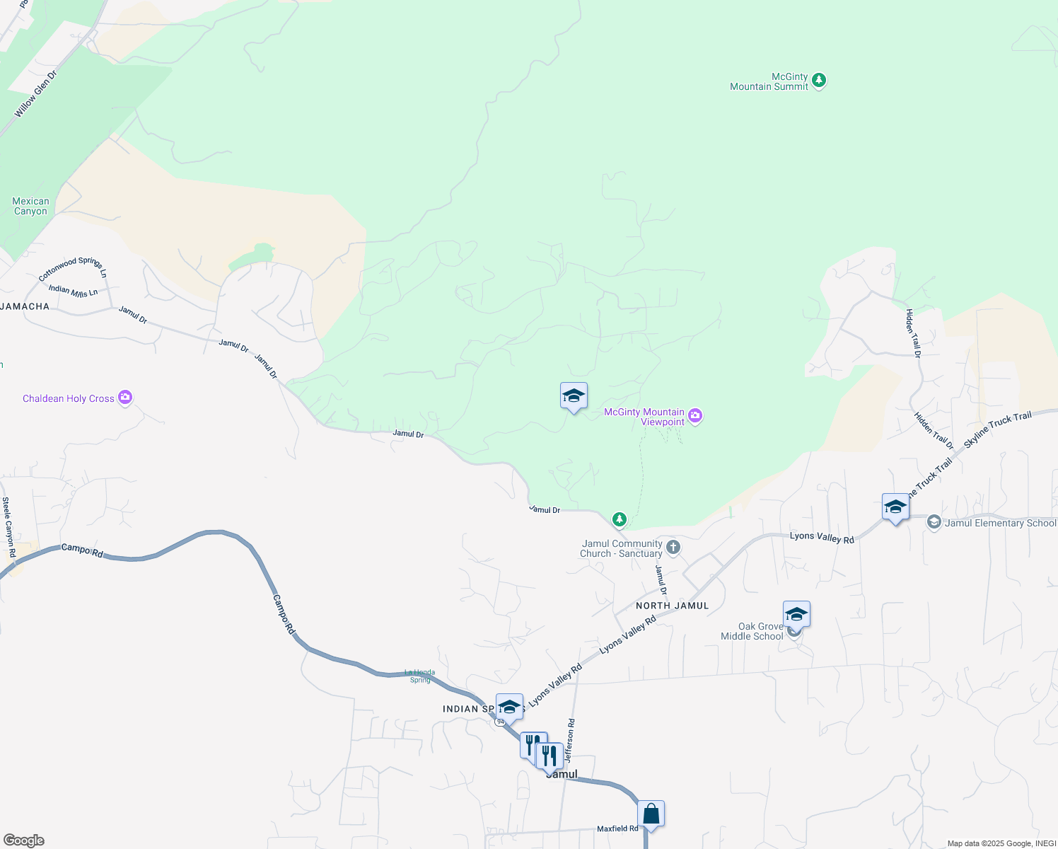 map of restaurants, bars, coffee shops, grocery stores, and more near 3662 Tuk A While Drive in Jamul