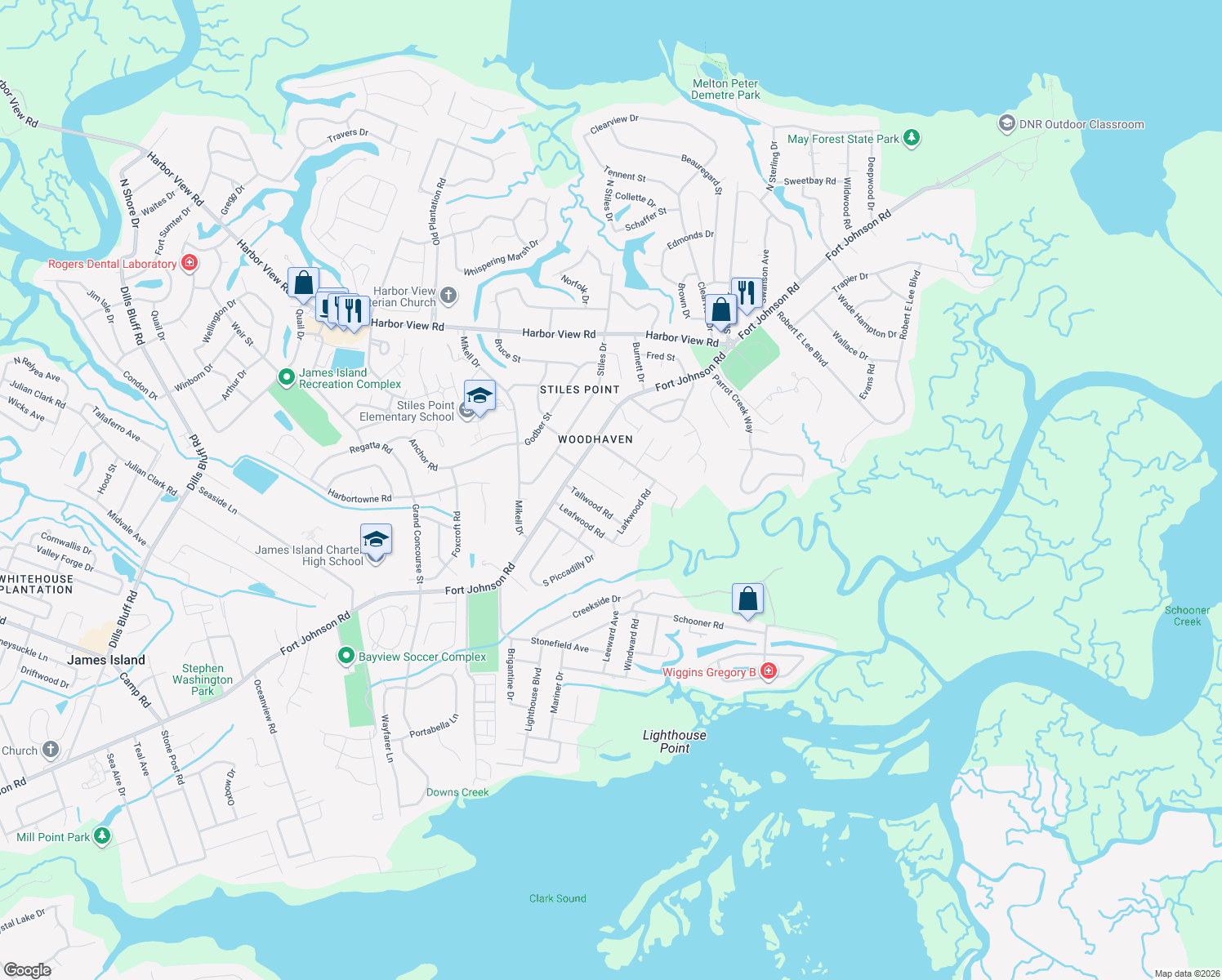map of restaurants, bars, coffee shops, grocery stores, and more near 717 Canopy Cove in Charleston
