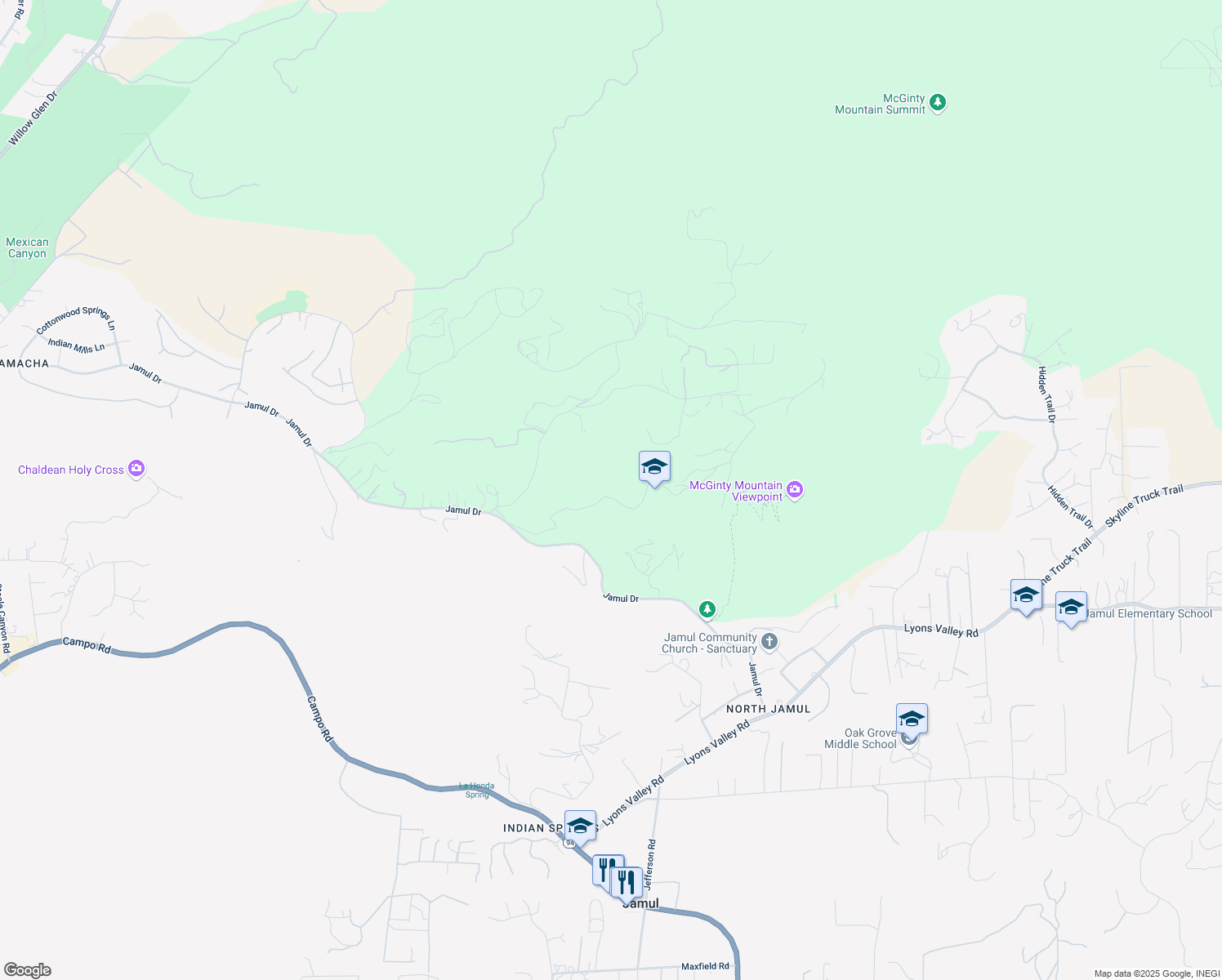 map of restaurants, bars, coffee shops, grocery stores, and more near 3662 Tuk a Wile Drive in Jamul