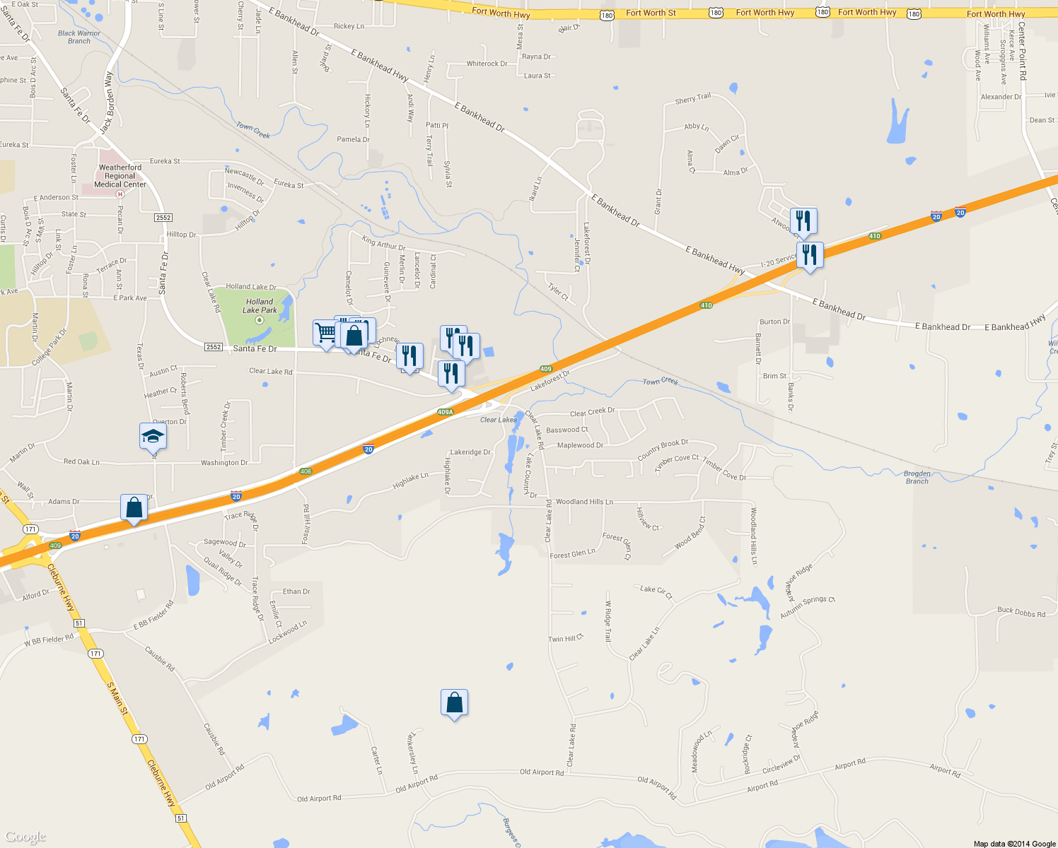 map of restaurants, bars, coffee shops, grocery stores, and more near 2120 Clear Lake Road in Weatherford