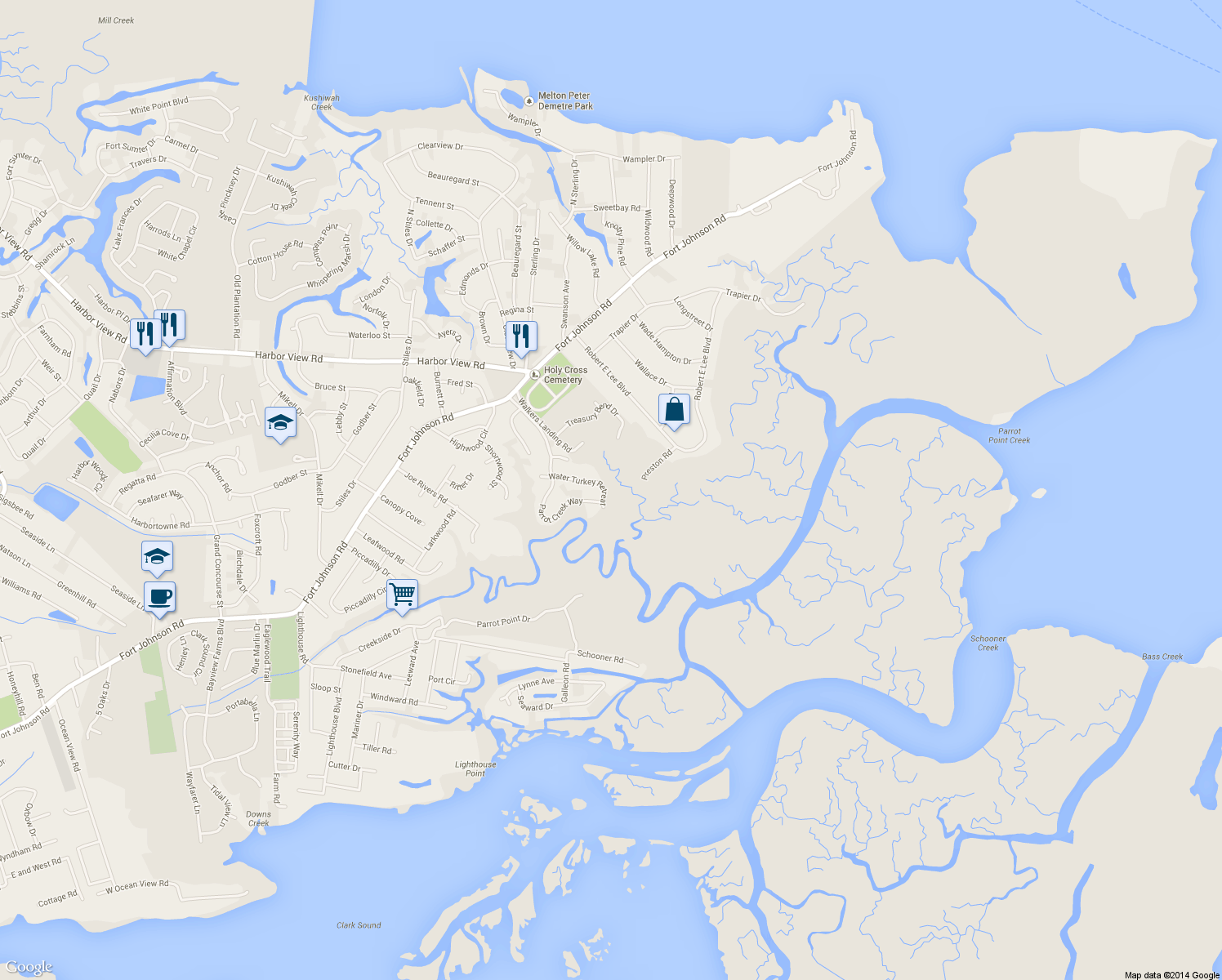 map of restaurants, bars, coffee shops, grocery stores, and more near 558 Water Turkey Retreat in Charleston