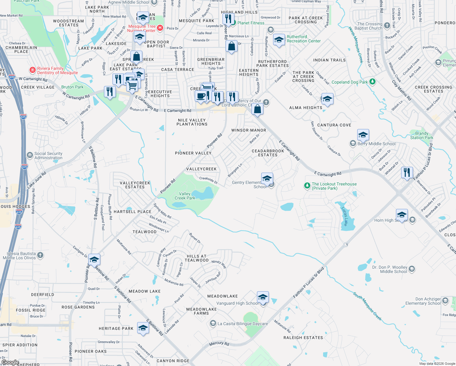 map of restaurants, bars, coffee shops, grocery stores, and more near 1026 Braewick Court in Mesquite