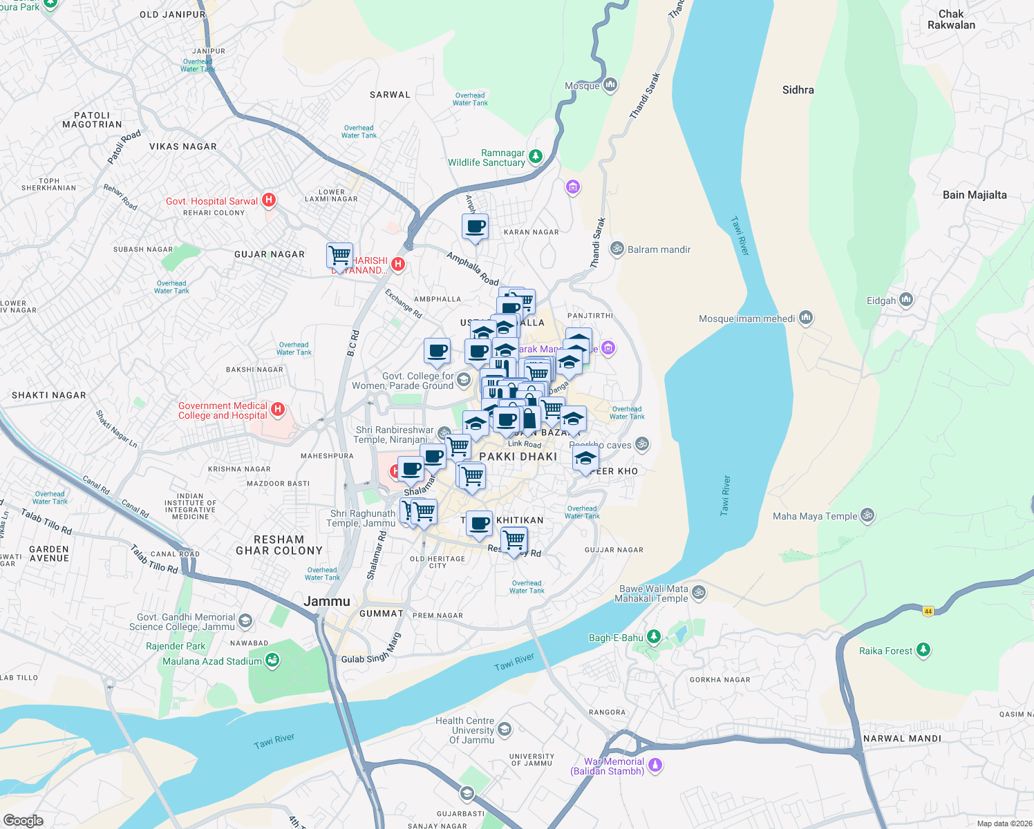 map of restaurants, bars, coffee shops, grocery stores, and more near  in Jammu