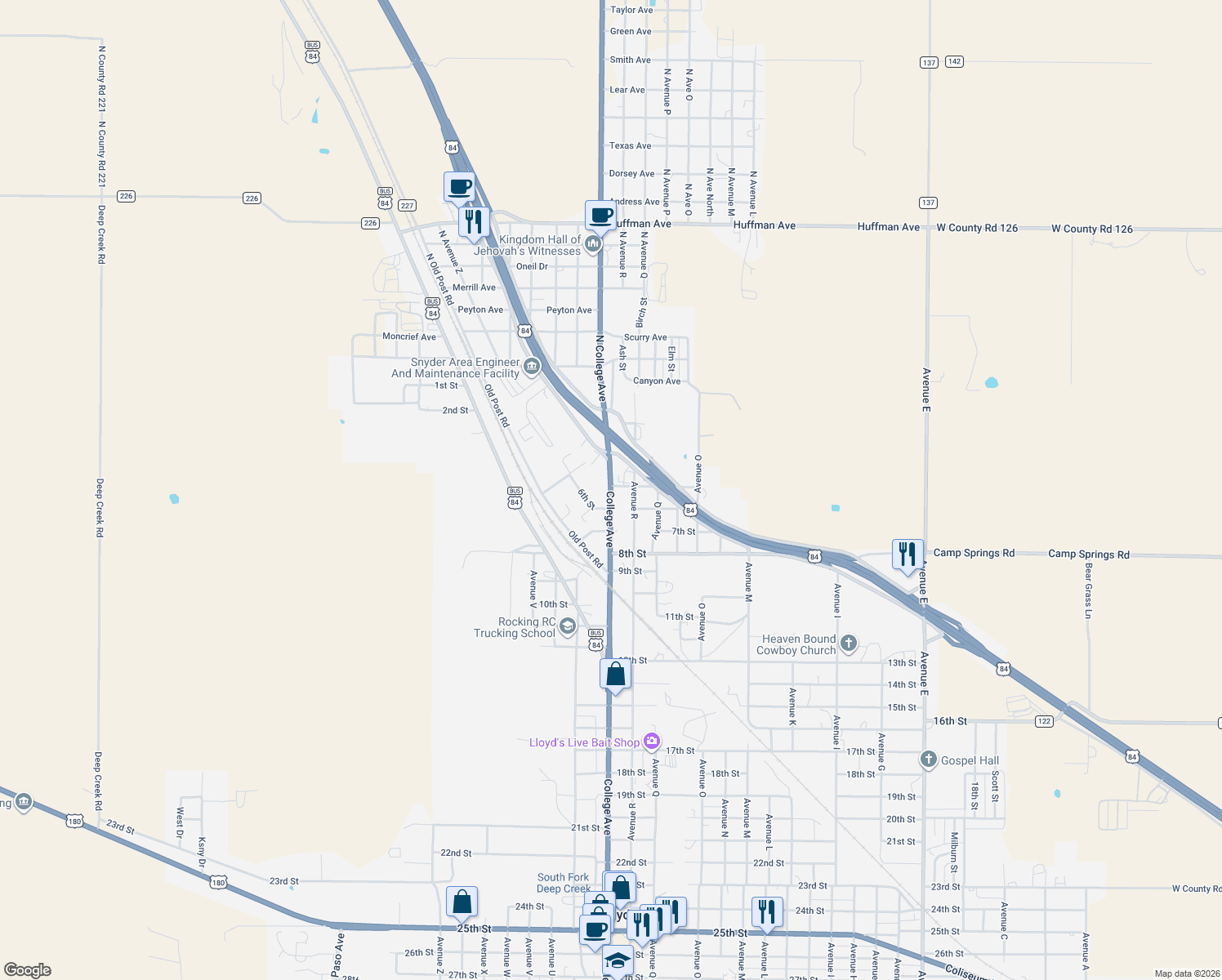 map of restaurants, bars, coffee shops, grocery stores, and more near 519 College Avenue in Snyder