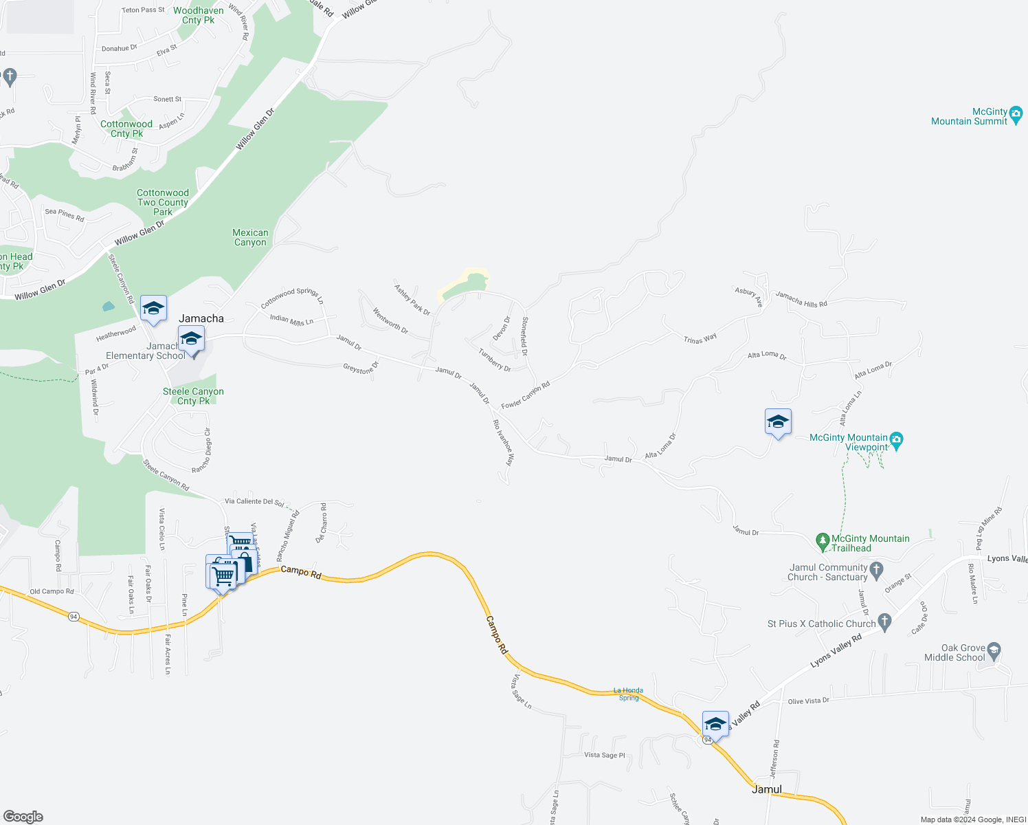 map of restaurants, bars, coffee shops, grocery stores, and more near 13446 Jamul Drive in Jamul