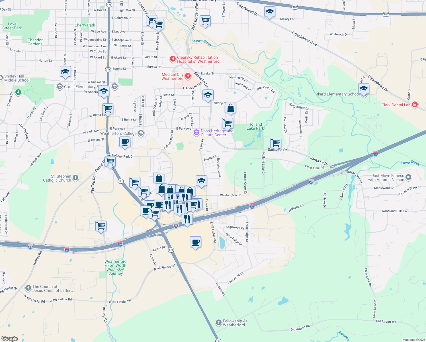 map of restaurants, bars, coffee shops, grocery stores, and more near 913 Jonathan Ct in Weatherford