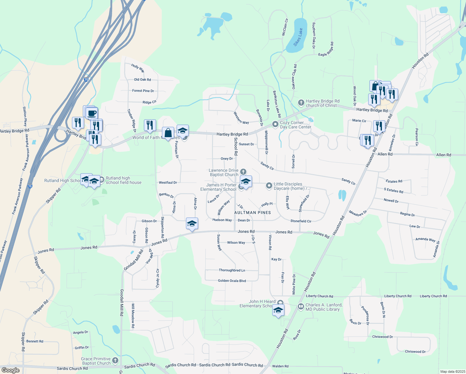 map of restaurants, bars, coffee shops, grocery stores, and more near 5801 School Rd in Macon