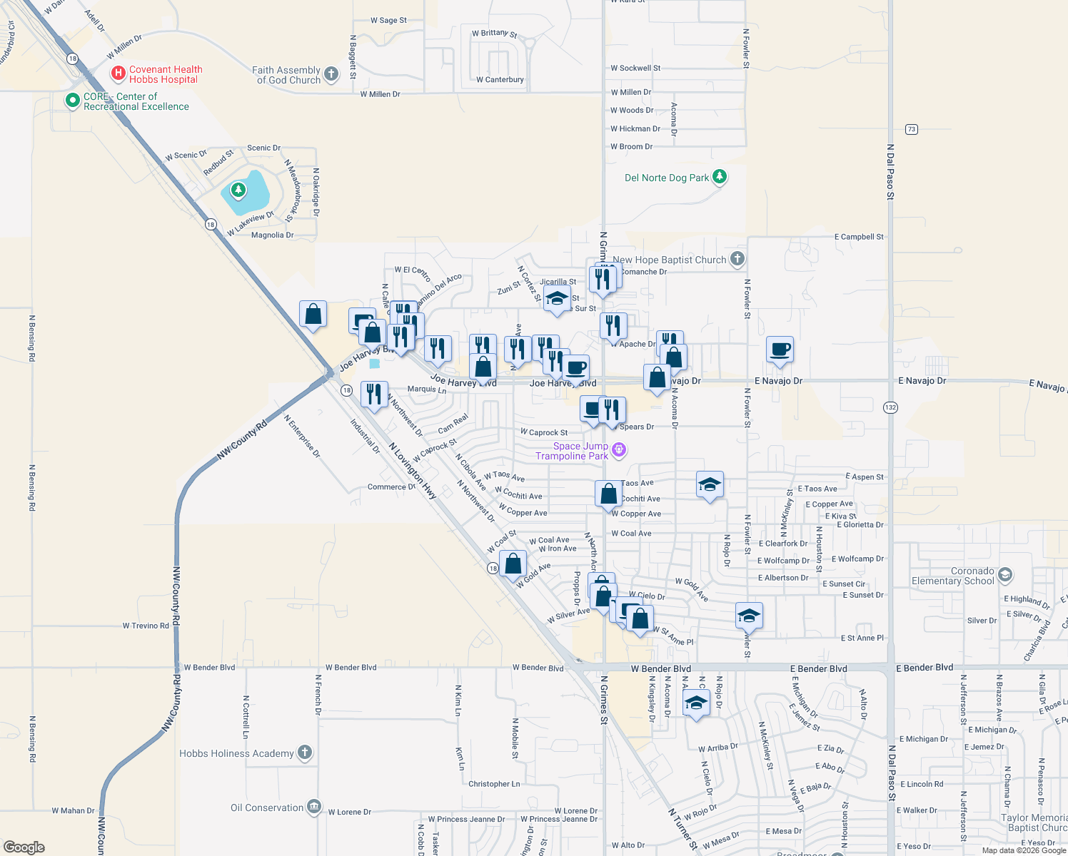 map of restaurants, bars, coffee shops, grocery stores, and more near 1114 West Caprock Street in Hobbs