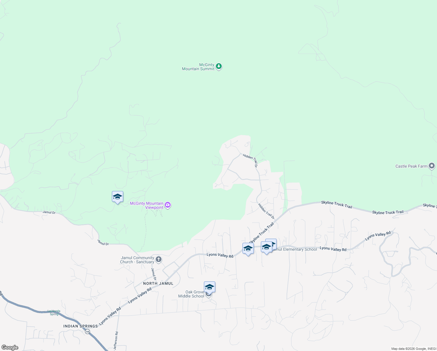 map of restaurants, bars, coffee shops, grocery stores, and more near 3668 Hidden Ridge Road in Jamul