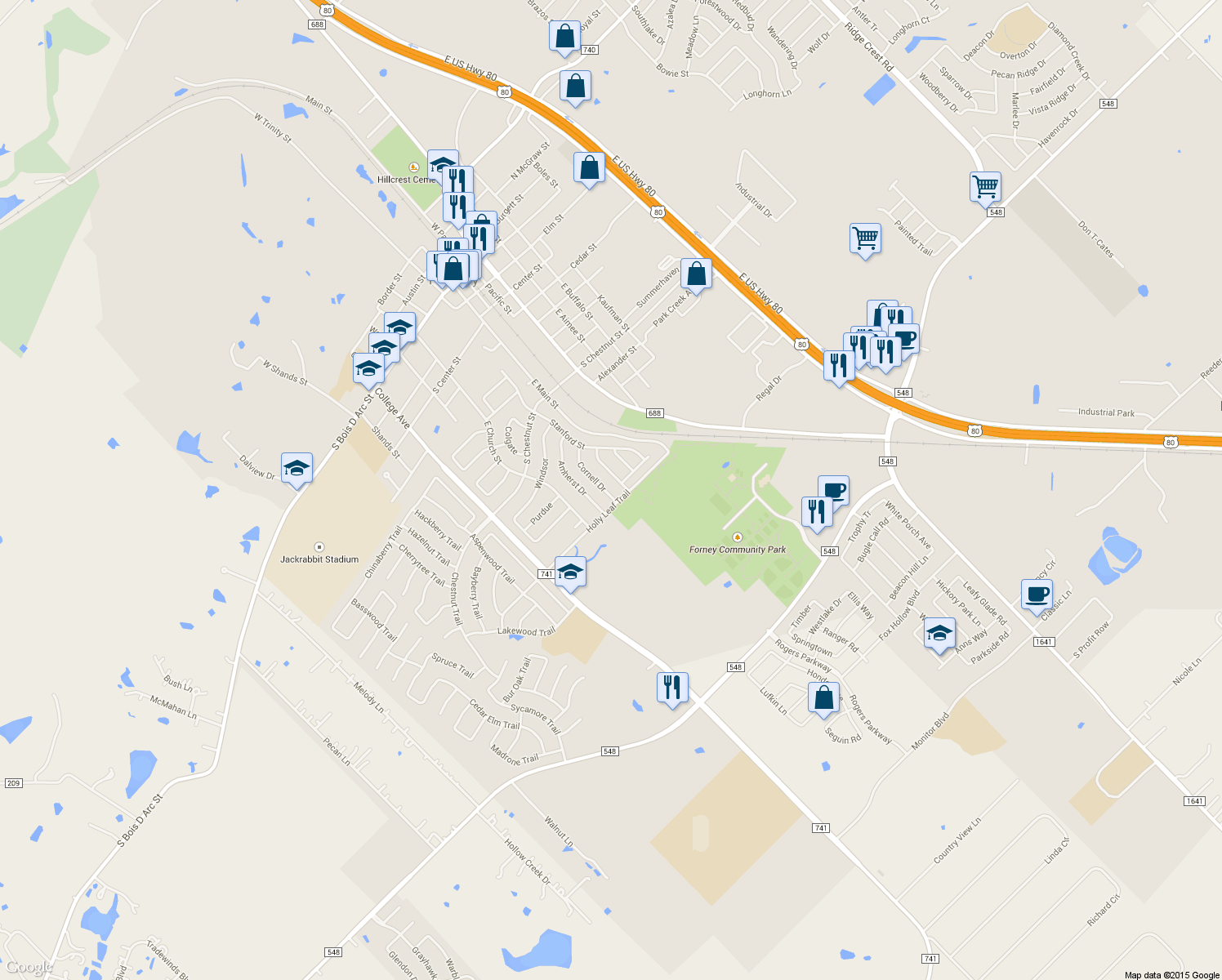 map of restaurants, bars, coffee shops, grocery stores, and more near 225 Cornell Drive in Forney