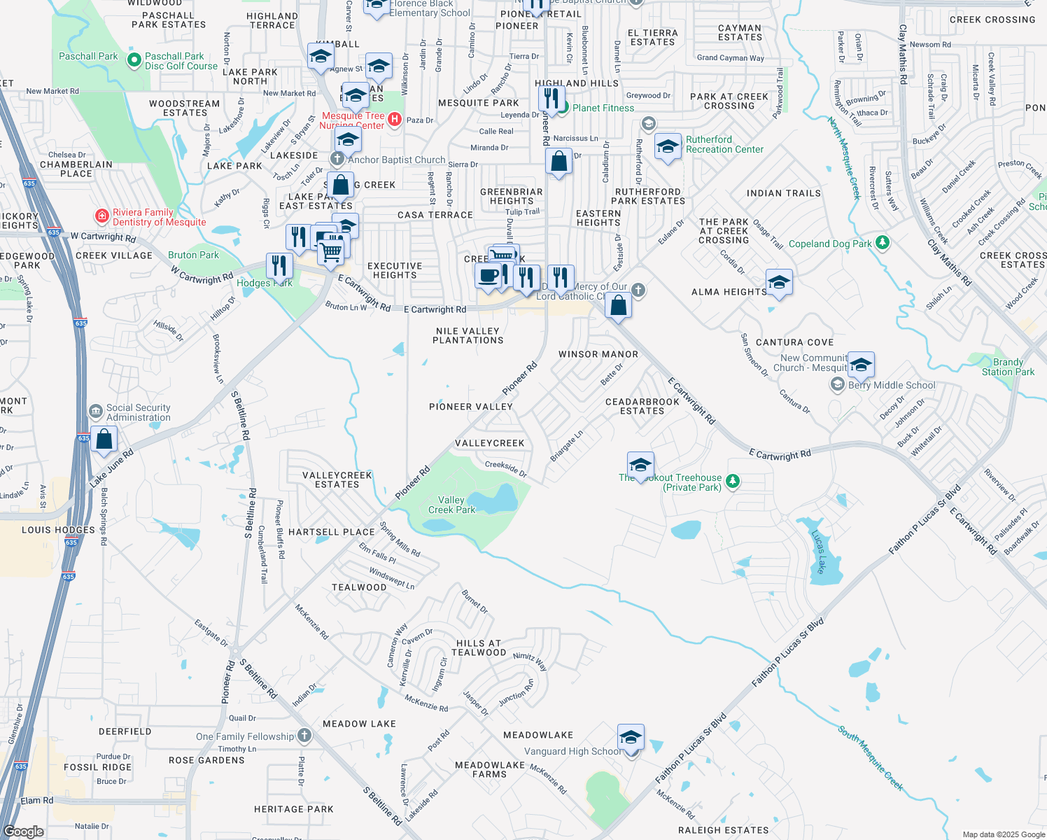 map of restaurants, bars, coffee shops, grocery stores, and more near 716 Bridgewater Lane in Mesquite